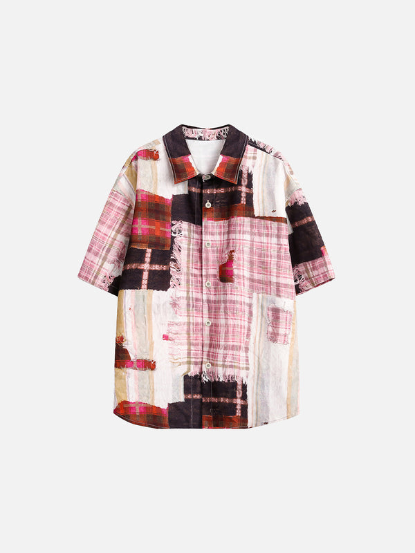 Stelluris Punk Plaid Distressed Short Sleeve Shirt