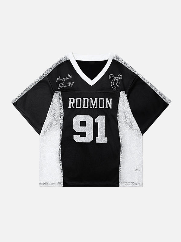 Stelluris Glossy Lace Trim Short Sleeve Tee