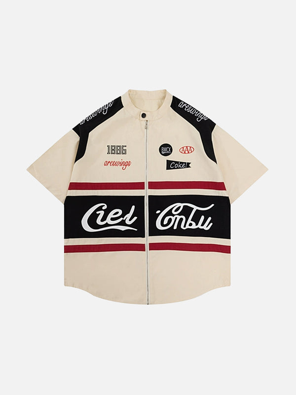 Stelluris Colorblock Stripe Embroidered Short Sleeve Shirt