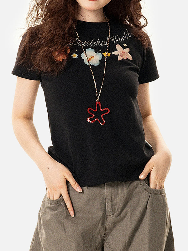Stelluris Floral Rhinestone Short Sleeve Tee