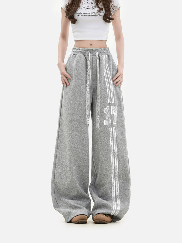 Stelluris Lace Trim Sporty Wide-Leg Baggy Pants