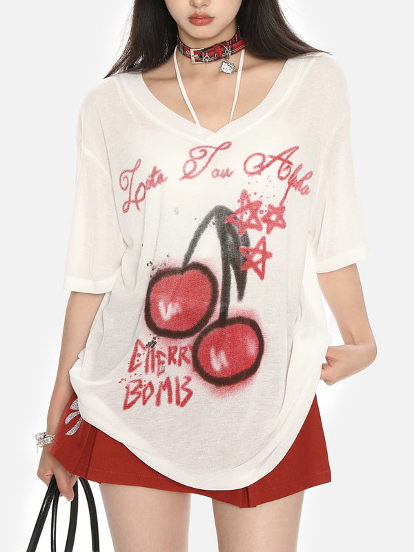 Stelluris Cherry V-Neck Short Sleeve Tee
