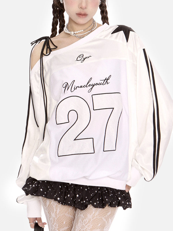 Stelluris Lace-Up Off-Shoulder Jersey Sweatshirt